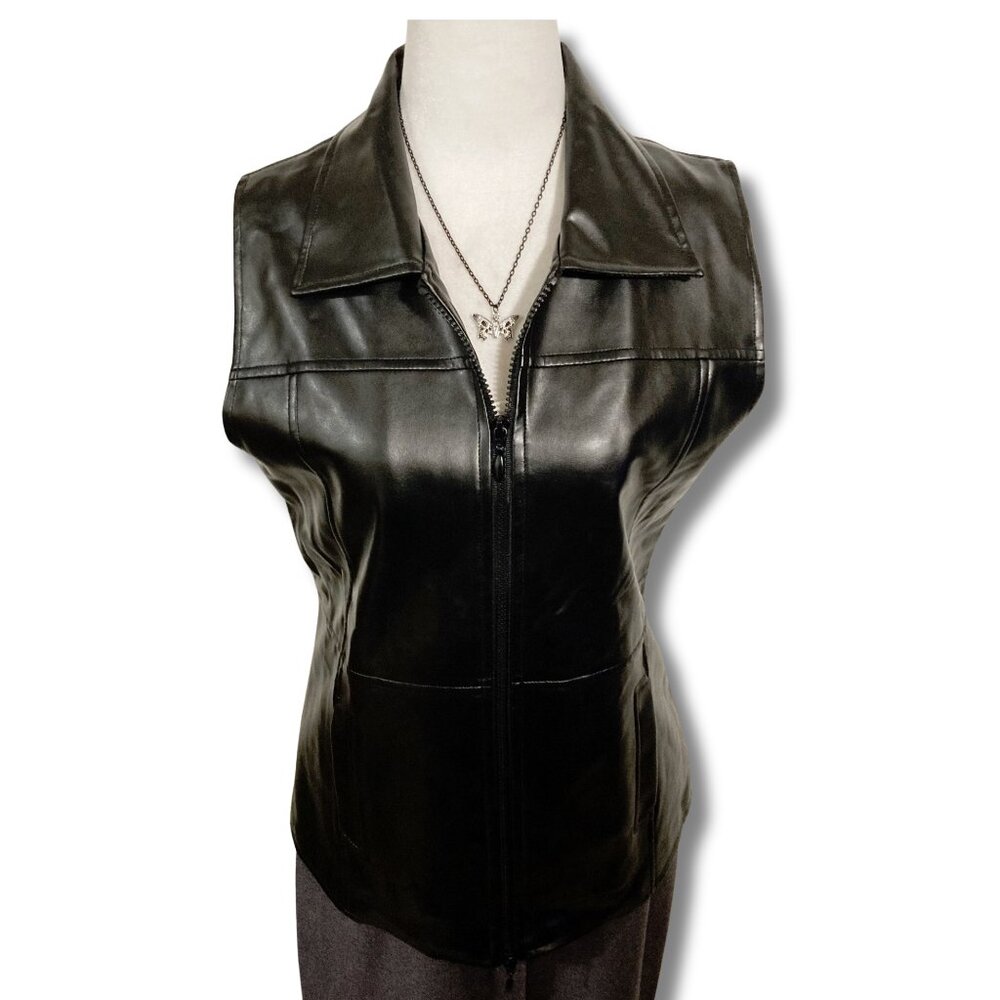 MARIE CLAIRE Vintage black pleather zip-up vest ~ SMALL MEDIUM faux leather
